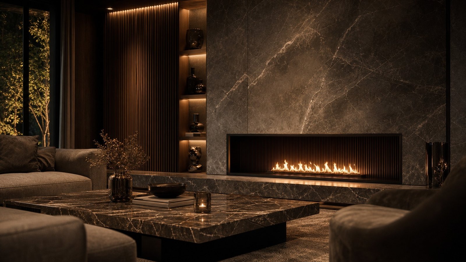 Fireplace wall and marble table interior detail
